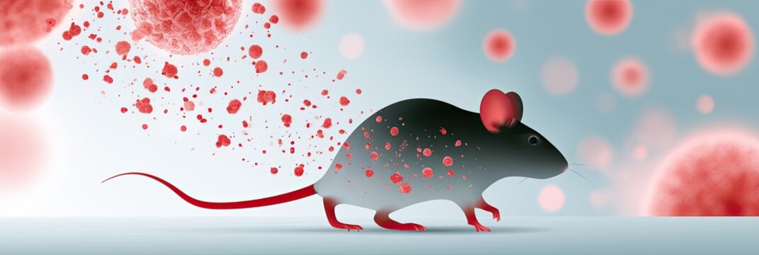 Illustration of a mouse silhouette with red splashes and floating hantavirus cells, representing healthcare and biological research themes in a stylized design