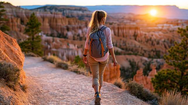Rear view of a hiker on a trail in Bryce Canyon during sunrise with glowing hoodoos in background, Bryce Canyon sunrise concept, hoodoo trail photography, Utah morning landscape