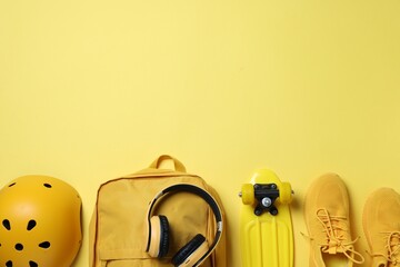 Fototapeta premium Sports equipment. Backpack, headphones, penny board, helmet and sneakers on yellow background, flat lay. Space for text