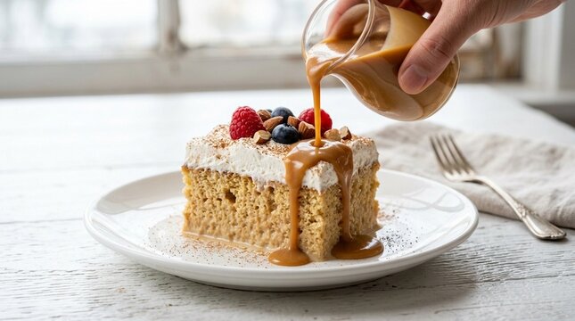 Tres leches cake slice &ndash; Authentic Mexican Food Action Pouring Shot on White Background | Commercial Stock Photo for Restaurant Menu, Food Blog, and Editorial Use