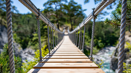 Fototapeta premium Rear view of a walkway bridge suspended over a canyon river, canyon infrastructure concept, river bridge photography, elevated walkway in nature, defocused background, with copy