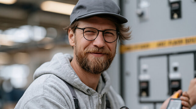 Journeyman electrician testing voltage at industrial motor control center cabinet during plant turnaround, clamp meter, safety glasses, arc flash boundary tape, electrical troubleshooting, manufactu