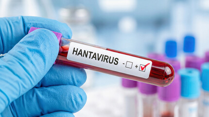 Obraz premium Close-up of Hand in Blue Glove Holding a Positive Hantavirus Blood Test Tube in a Clinical Laboratory Setting. Medical Diagnostics and Infectious Disease Research Illustration