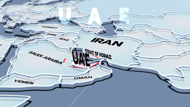 A 3D world map highlights UAE, and Iran, the Middle East, IRAN map, UAE map, Dubai, United Arab Emirates
