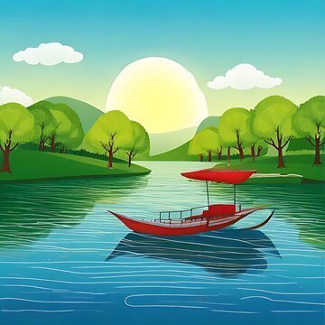 Peaceful boat on tranquil water at sunrise