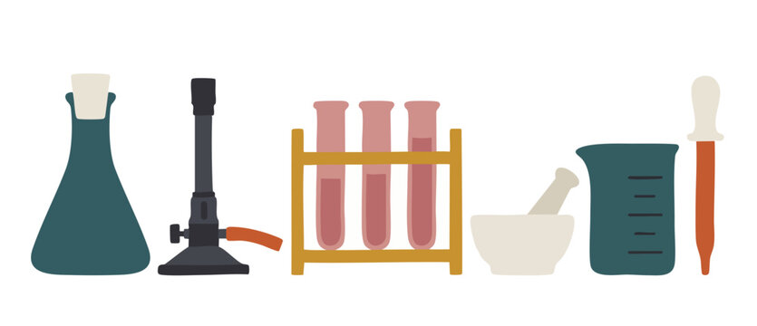 Laboratory Equipment Icons Set, Science Research Tools Collection, Chemistry Experiment Apparatus in Flat Vector Style for Education, School Biology Classroom Study Materials, Isolated on White Backgr