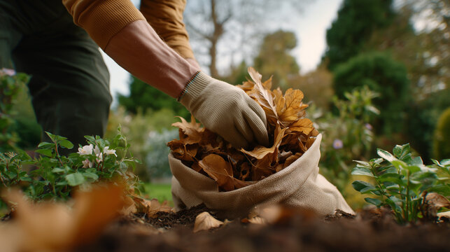Gardener collecting dry autumn leaves into reusable fabric sack wearing gloves. Seasonal garden cleanup, eco yard maintenance, fall landscaping outdoor care lifestyle concept.