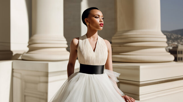 Elegant Black woman wearing pleated ivory halter gown with black belt and tulle skirt posing near marble column, representing luxury bridal fashion, couture evening dress and editorial style concept.