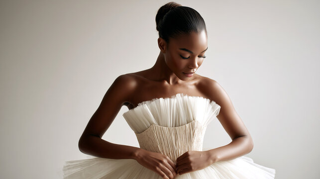 Elegant Black bride wearing sculptural strapless wedding gown with raffia corset bodice and tulle skirt, posing against white background representing luxury bridal fashion and couture design concept.