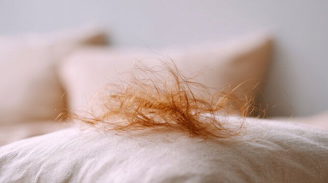Clump of loose fallen auburn hair on white pillow after sleep. Alopecia early symptom, excessive hair shedding and loss problem, trichology health awareness and treatment concept.