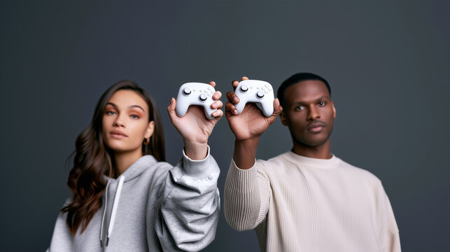 Diverse woman and man holding up white game controllers together on dark grey background, friends ready for gaming competition, technology and leisure lifestyle concept.