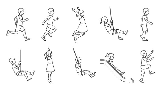 Children Playing Line Art in CAD Style Vector Illustration Set for Playground Design and Architectural Planning
