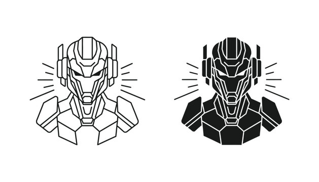 Futuristic cyborg robot head vector icon set showcasing advanced sci-fi artificial intelligence character in solid black and outline stroke styles for tech branding