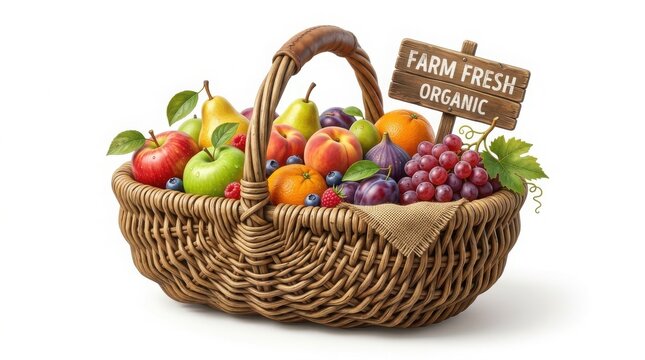 Farm fresh organic fruit basket, rustic wicker hamper with apples, pears and grapes, seasonal harvest of healthy assorted fruits isolated on White Background