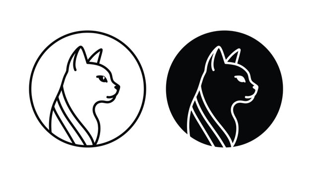 Minimalist cat profile icon set featuring elegant feline silhouette in circular frame for pet store branding and veterinary clinic identity in solid black and line art