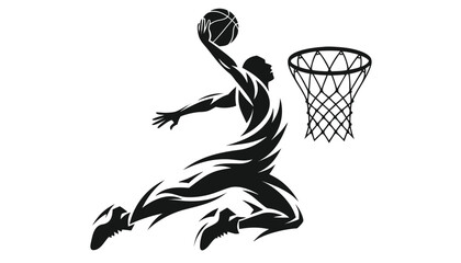 Tribal style basketball player silhouette performing a dynamic slam dunk into hoop © Sadhin07