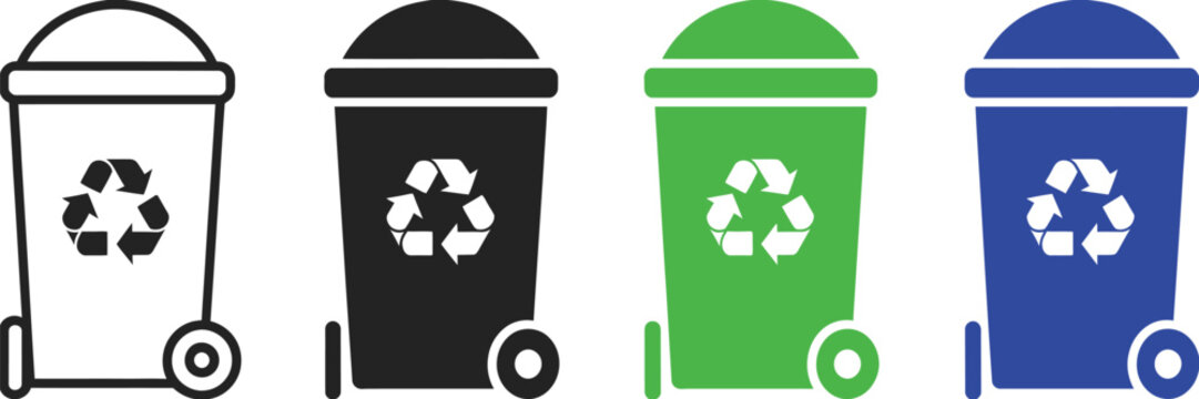 Recycle bin with wheel icon set, waste management and garbage sorting symbols, environmental sustainability concept vector illustration in clean modern flat style.