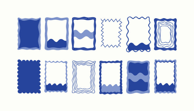 Set of blue decorative frames with wavy and geometric patterns