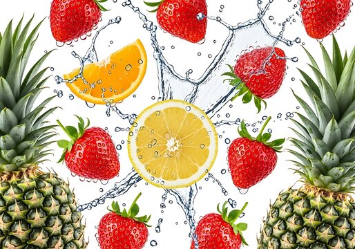 Vibrant tropical fruits arranged in a circular pattern with strawberries and pineapples