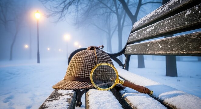 A vintage deerstalker hat and magnifying glass rest on a snowy park bench amidst a foggy urban landscape filled with glowing street lamps, hat, mystery, antique
