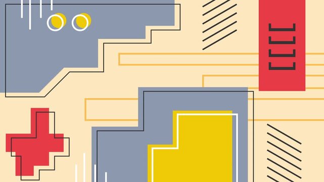 Seamless loop animation of various sharp-angled random objects in yellow, gray, and red moving with rigid outlines on a cream background inspired by Bauhaus design