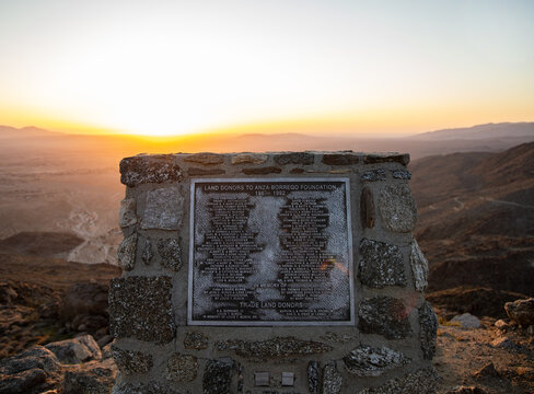Borrego Springs, CA USA on April 2, 2021. The Land Donors to Anza-Borrego Foundation plaque at the Montezuma Valley Rd lookout.