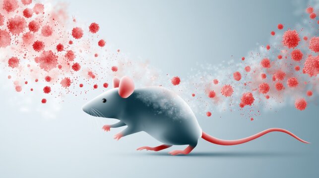 Stylized illustration of a gray mouse running with a trail of red hantavirus particles, representing health and disease concepts in a healthcare infographic-inspired composition