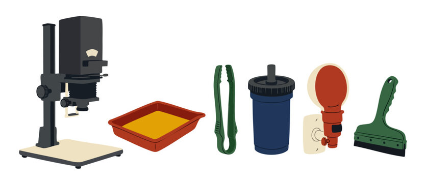 Photography Darkroom Equipment Set Featuring Enlarger, Chemical Trays, Developing Tank, Safelight, and Squeegee for Analog Film Processing and Printing Techniques Isolated on White Background Illustra