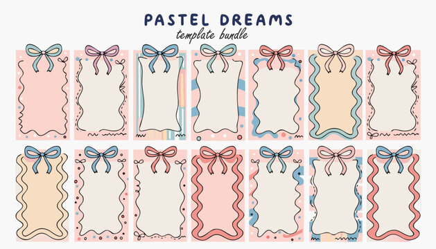 Pastel dreams template bundle cute decorative frames with bows and wavy borders cute scrapbook elements