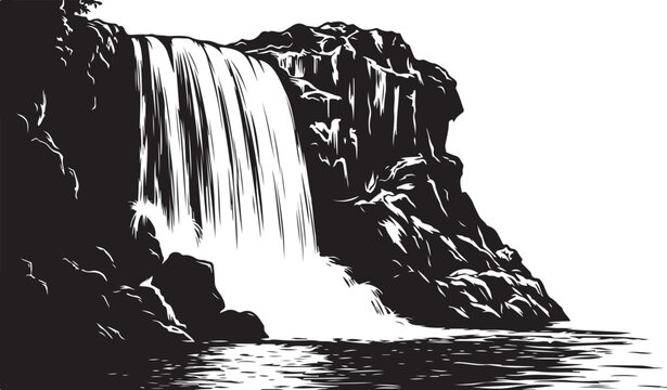 Black and white waterfall, rocky cliffside, monochrome landscape, vector illustration