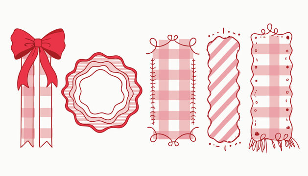 Red and white gingham pattern frames with decorative ribbons and tassels
