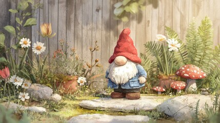 Fototapeta premium Whimsical garden gnome in a sunlit flower bed with mossy stones