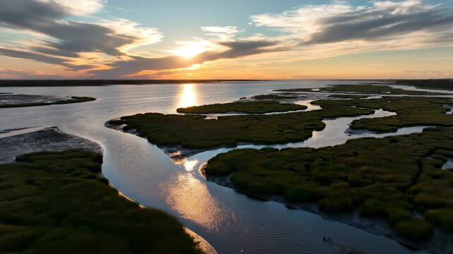 This video captures a breathtaking aerial view of a winding river flowing through a lush wetland at sunset. The vibrant sky reflects off the calm water, creating a serene and peaceful atmosphere.