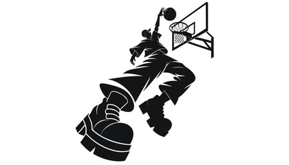 Stylized basketball player dunking on hoop with perspective view and chunky boots silhouette © Sadhin07