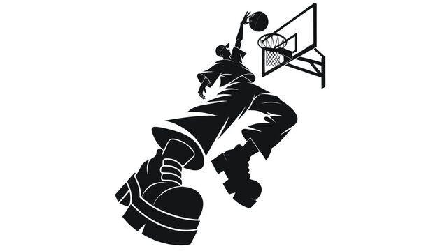 Stylized basketball player dunking on hoop with perspective view and chunky boots silhouette