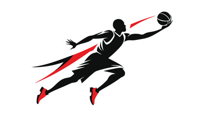 Minimalist basketball player dunking silhouette with red motion elements on white background © Sadhin07