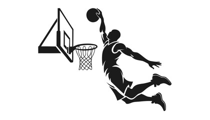 Silhouette of male basketball player performing powerful slam dunk with ball and hoop isolated on white background © Sadhin07