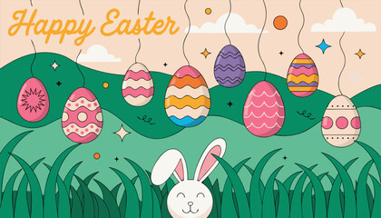 Happy easter greeting with decorative eggs and bunny in a whimsical scene © Sadhin07