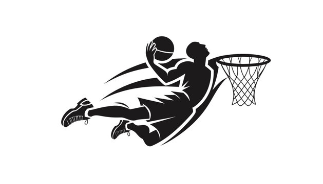 Dynamic basketball player slam dunking into hoop silhouette