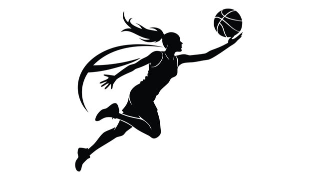 Dynamic silhouette of female basketball player with long ponytail executing high jump layup on white