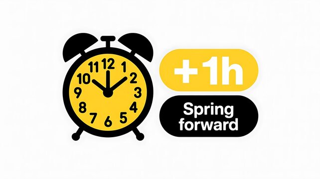 Daylight saving time concept, spring forward clock icon, +1h alarm clock, time change symbol