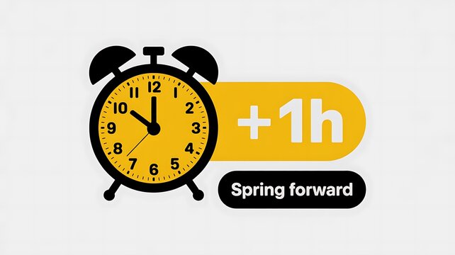 Daylight saving, spring forward, clock icon, +1h, alarm clock
