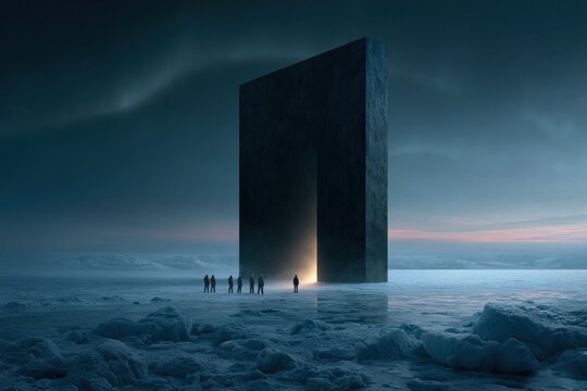 Enigmatic monolith in arctic landscape at night