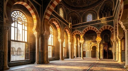 Fototapeta premium ancient mosque, stone mosque, blue hour, ivy covered wall, rain puddle, crescent moon reflection, wet cobblestone, no people, islamic architecture, historic mosque, stone masonry, aged stone, minaret,