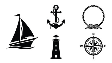 Nautical icons including sailboat, anchor, lighthouse, rope and compass © EmayetHossen