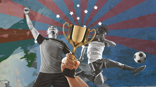 01.05.26. Frankfurt am Main, Hesse, Germany. A hands lifts the World Cup Trophy above, isolated on free vintage background. Flat design.