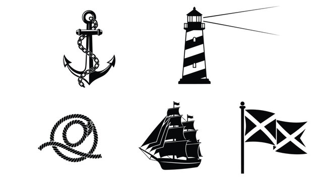 Nautical icons set with anchor, lighthouse, rope, ship and flags