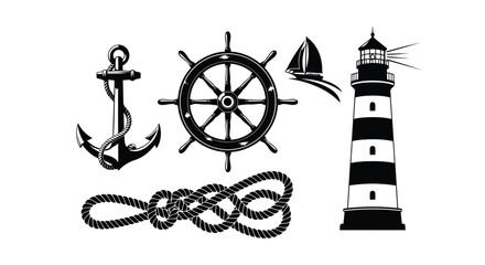 Nautical icons with anchor ship wheel lighthouse and rope © EmayetHossen