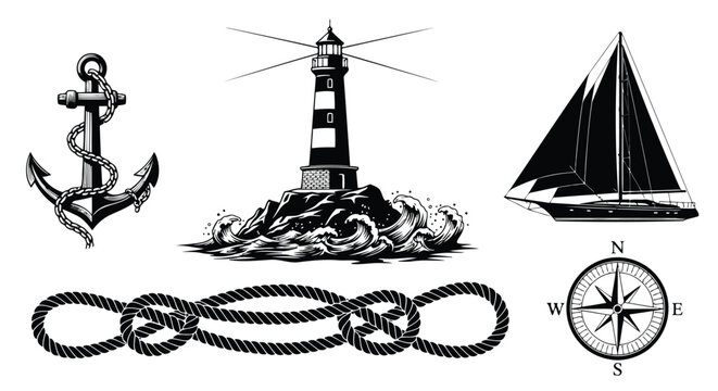 Nautical icons with anchor, lighthouse, sailboat and compass