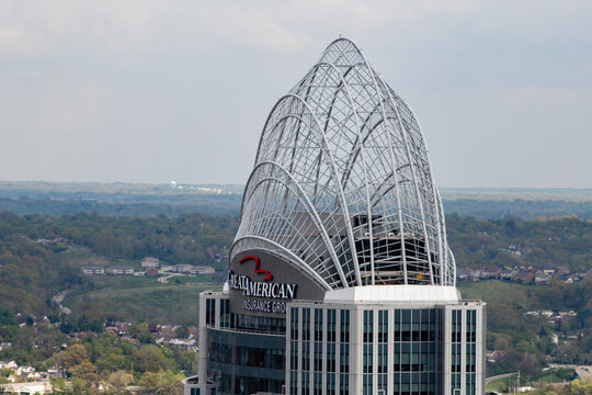 CINCINNATI, OH USA ON APRIL 23, 2019. View of The Great American Tower's crown at Queen City Square, It as inspired by Diana, Princess of Wales's tiara.